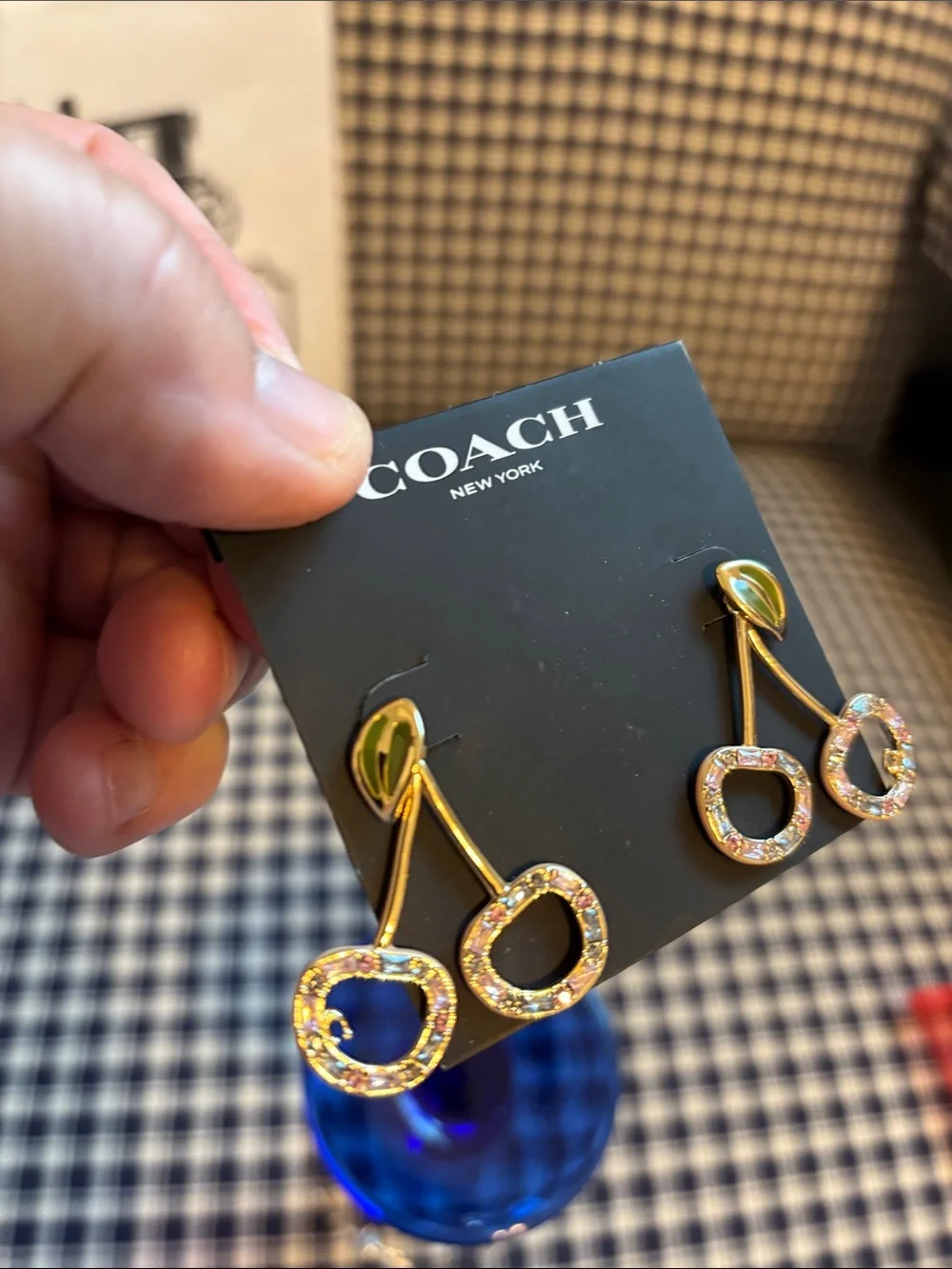 COACH Gold-Tone Cherry Drop Earrings with Pink pave Crystals